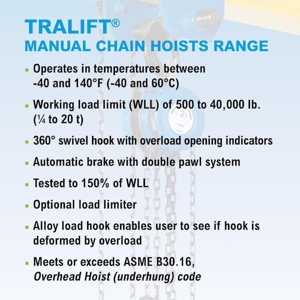 Tralift Manual Chain Hoist, 3,000 Lb. (1.5 Ton) Load Capacity, 20 Ft. Lift